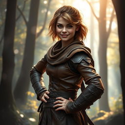 A charming young human rogue dressed in snug brown leather armor, skillfully designed with intricate details and slight lacing