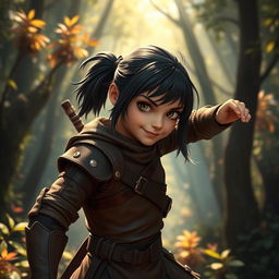 A young human girl with dark hair, depicted as a rogue, wearing snug brown leather armor designed for agility
