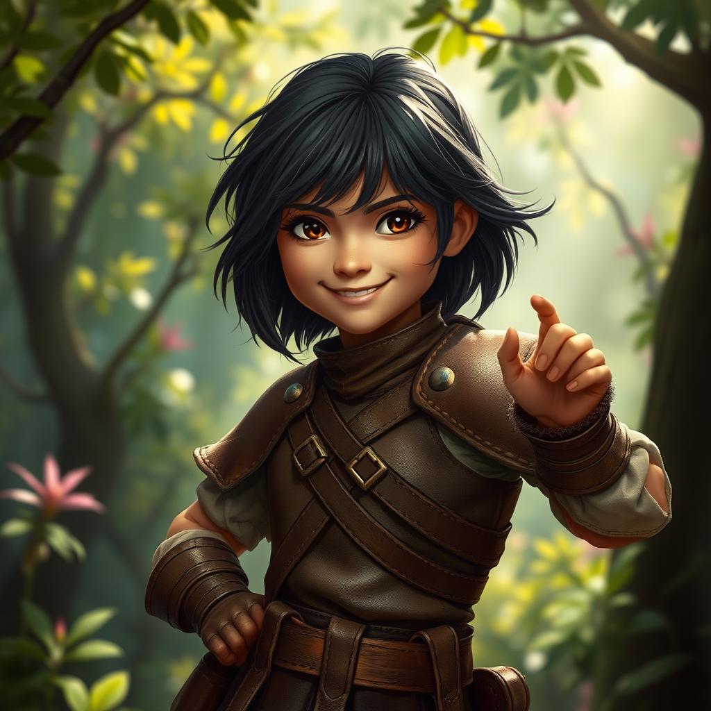 A young human girl with dark hair, depicted as a rogue, wearing snug brown leather armor designed for agility