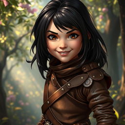 A young human girl with dark hair, depicted as a rogue, wearing snug brown leather armor designed for agility