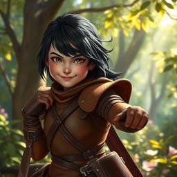 A young human girl with dark hair, depicted as a rogue, wearing snug brown leather armor designed for agility