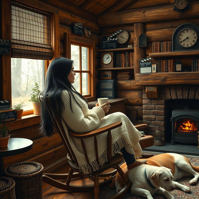 A detailed and atmospheric scene inside a rustic wooden cabin, featuring a 58-year-old woman with long black hair sitting on a rocking chair