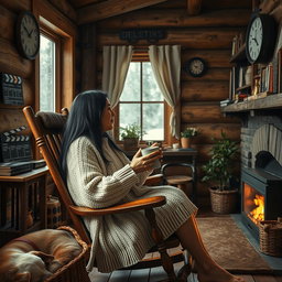 A detailed and atmospheric scene inside a rustic wooden cabin, featuring a 58-year-old woman with long black hair sitting on a rocking chair