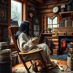 A detailed and atmospheric scene inside a rustic wooden cabin, featuring a 58-year-old woman with long black hair sitting on a rocking chair