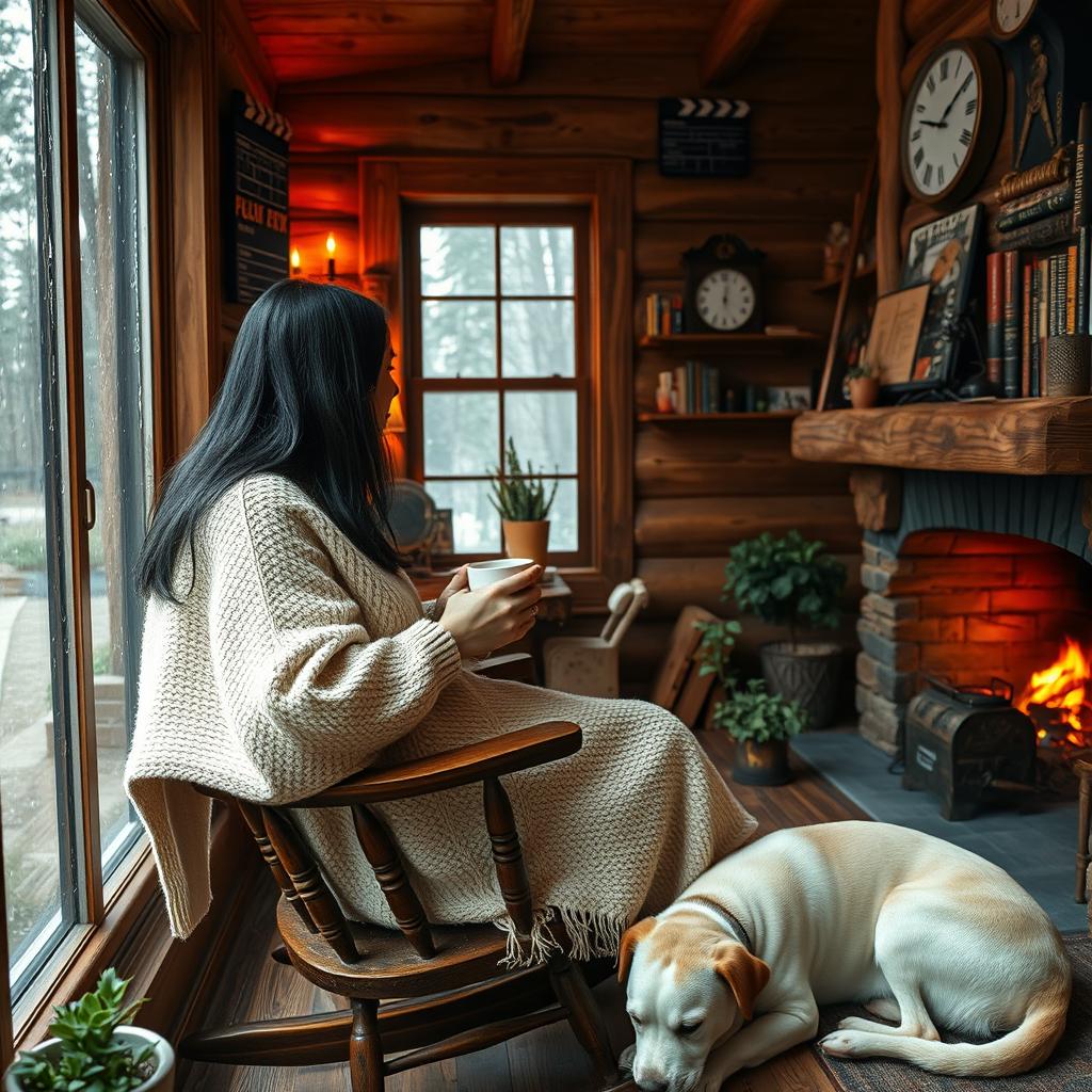 A detailed and atmospheric scene inside a rustic wooden cabin, featuring a 58-year-old woman with long black hair sitting on a rocking chair