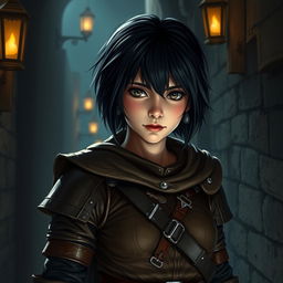 A teenage human girl with dark hair, depicted as a rogue, wearing snug brown leather armor that emphasizes her stealthy nature