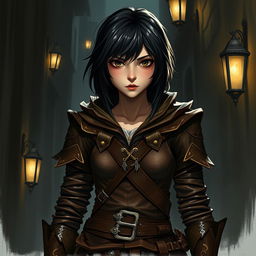 A teenage human girl with dark hair, depicted as a rogue, wearing snug brown leather armor that emphasizes her stealthy nature