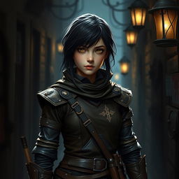 A teenage human girl with dark hair, depicted as a rogue, wearing snug brown leather armor that emphasizes her stealthy nature