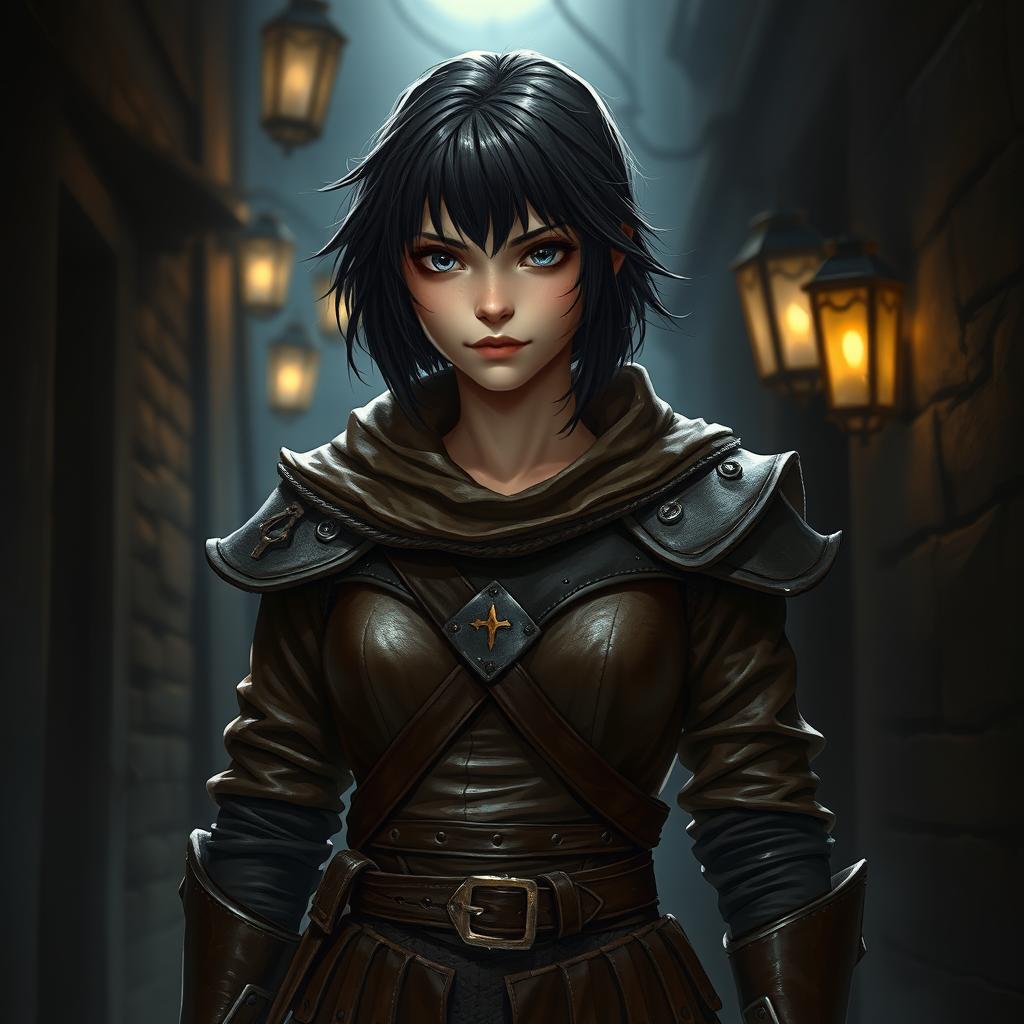 A teenage human girl with dark hair, depicted as a rogue, wearing snug brown leather armor that emphasizes her stealthy nature