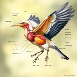 An ultra-detailed illustration of a bird's respiratory system, showcasing intricate structures such as air sacs, the trachea, bronchi, and lungs