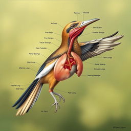 An ultra-detailed illustration of a bird's respiratory system, showcasing intricate structures such as air sacs, the trachea, bronchi, and lungs