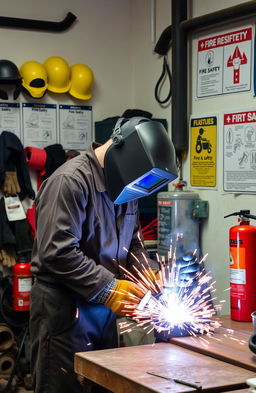 A detailed and informative welding safety scene, showing a workshop filled with protective equipment like helmets, gloves, and goggles