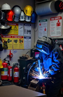 A detailed and informative welding safety scene, showing a workshop filled with protective equipment like helmets, gloves, and goggles