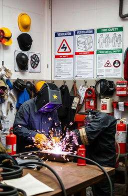 A detailed and informative welding safety scene, showing a workshop filled with protective equipment like helmets, gloves, and goggles
