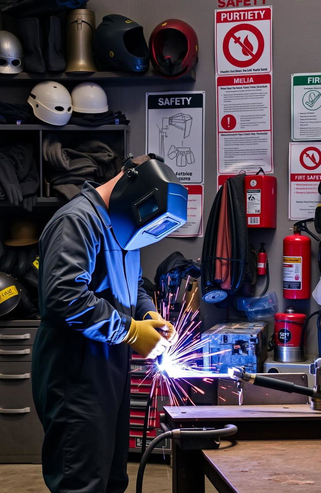 A detailed and informative welding safety scene, showing a workshop filled with protective equipment like helmets, gloves, and goggles