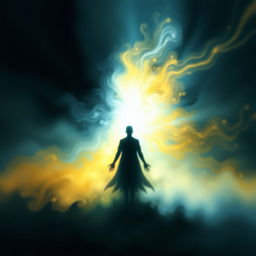 An abstract representation of a figure or entity transitioning from darkness into light, symbolizing the journey toward enlightenment and wisdom