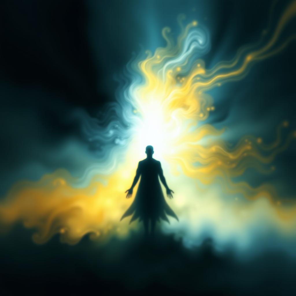 An abstract representation of a figure or entity transitioning from darkness into light, symbolizing the journey toward enlightenment and wisdom