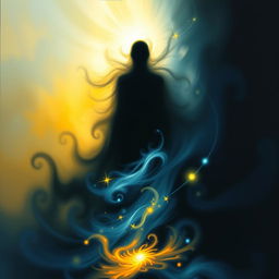 An abstract representation of a figure or entity transitioning from darkness into light, symbolizing the journey toward enlightenment and wisdom