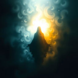 An abstract representation of a figure or entity transitioning from darkness into light, symbolizing the journey toward enlightenment and wisdom