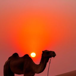 A sunset scenery in the Sahara Desert featuring a lone camel silhouette seeped in a myriad of intense orange, red, and purple hues