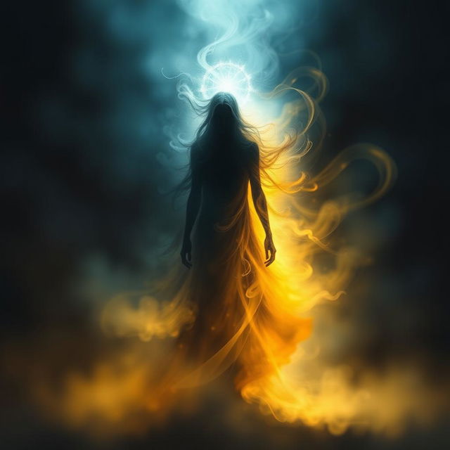An abstract representation of a figure or entity transitioning from darkness into light, symbolizing the journey toward enlightenment and wisdom