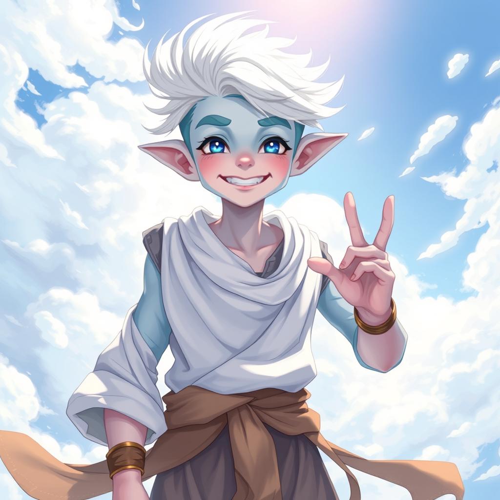 A vibrant fantasy illustration of a young male air genasi monk, depicted in a lively environment
