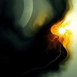 An abstract representation of a journey through darkness and into light, showcasing the contrast between shadowy, swirling tones and bright, illuminating colors