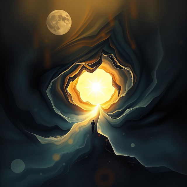 An abstract representation of a journey through darkness and into light, showcasing the contrast between shadowy, swirling tones and bright, illuminating colors
