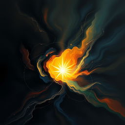 An abstract representation of a journey through darkness and into light, showcasing the contrast between shadowy, swirling tones and bright, illuminating colors