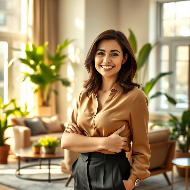 A realistic portrait of a confident woman standing in a beautifully designed modern living room