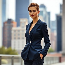 A stylish person wearing a fitted navy blue blazer, standing confidently with hands in pockets