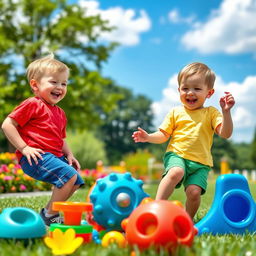 Two adorable twin boys aged 3 playing in a sunny park, surrounded by colorful toys