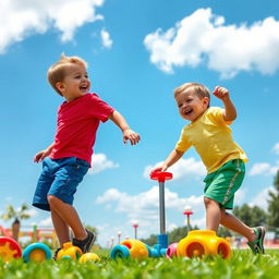 Two adorable twin boys aged 3 playing in a sunny park, surrounded by colorful toys