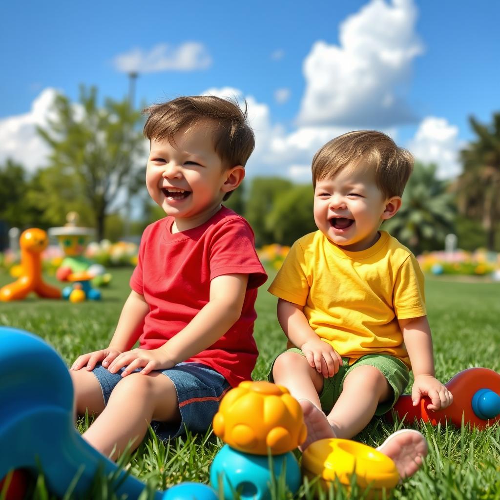 Two adorable twin boys aged 3 playing in a sunny park, surrounded by colorful toys
