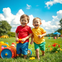 Two adorable twin boys aged 3 playing in a sunny park, surrounded by colorful toys