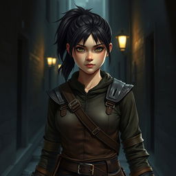 A teenage human girl with dark hair tied in a ponytail, depicted as a rogue wearing snug brown leather armor that fits her form perfectly, emphasizing her agility