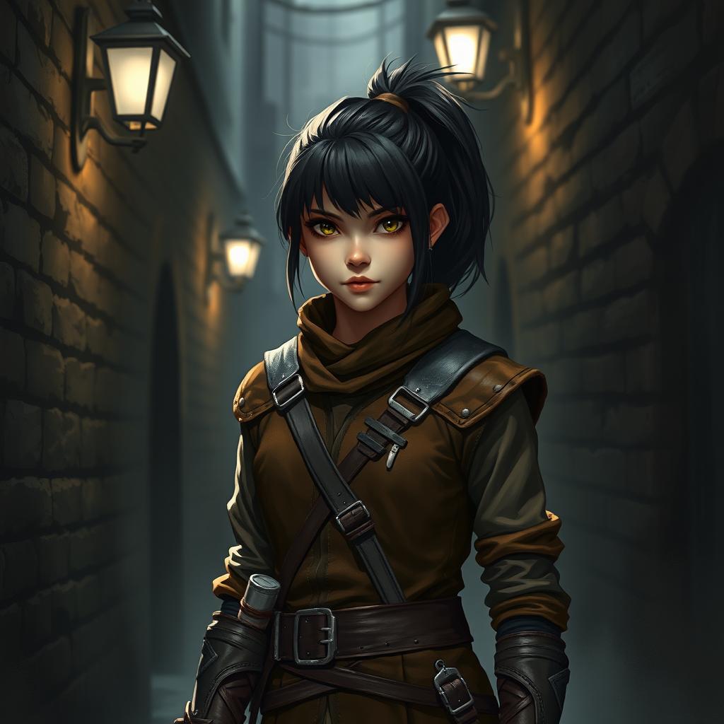 A teenage human girl with dark hair tied in a ponytail, depicted as a rogue wearing snug brown leather armor that fits her form perfectly, emphasizing her agility