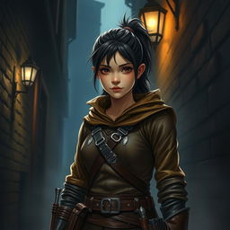 A teenage human girl with dark hair tied in a ponytail, depicted as a rogue wearing snug brown leather armor that fits her form perfectly, emphasizing her agility