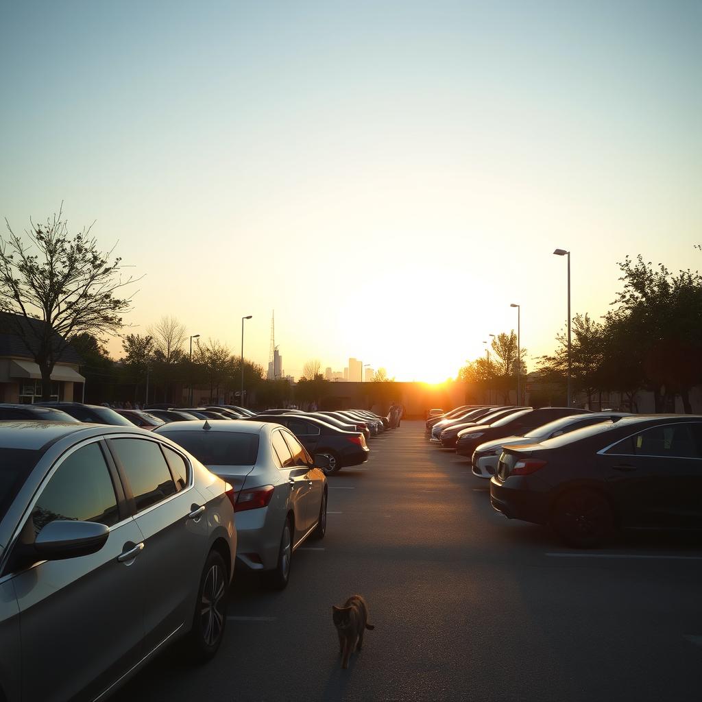 a serene urban parking lot at sunset, with glimmering reflections on the cars and gentle warm tones in the sky