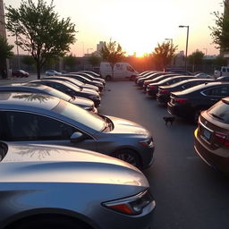 a serene urban parking lot at sunset, with glimmering reflections on the cars and gentle warm tones in the sky