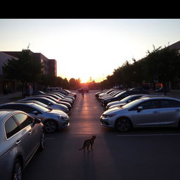 a serene urban parking lot at sunset, with glimmering reflections on the cars and gentle warm tones in the sky
