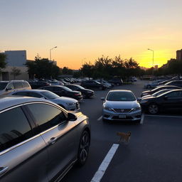 a serene urban parking lot at sunset, with glimmering reflections on the cars and gentle warm tones in the sky
