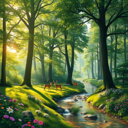 A vibrant scene depicting a lush, green forest with tall, majestic trees, sunlight filtering through the leaves, creating dappled patterns on the ground