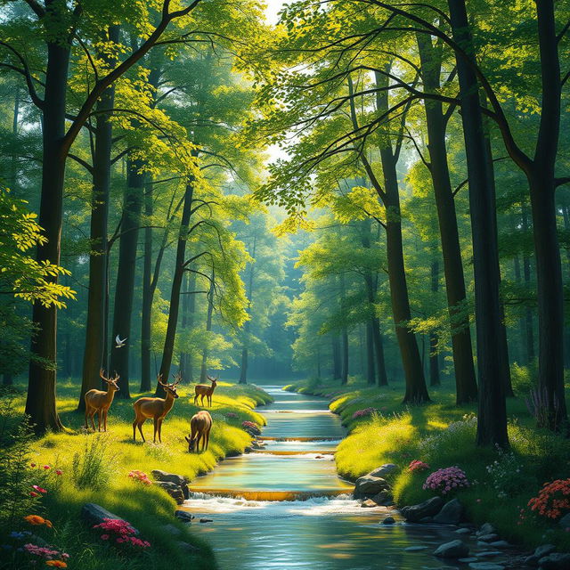 A vibrant scene depicting a lush, green forest with tall, majestic trees, sunlight filtering through the leaves, creating dappled patterns on the ground