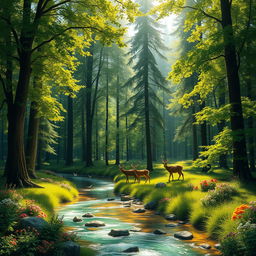 A vibrant scene depicting a lush, green forest with tall, majestic trees, sunlight filtering through the leaves, creating dappled patterns on the ground