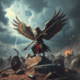 A fierce battle scene featuring a vulture warrior clad in intricately designed armor, brandishing a powerful spear