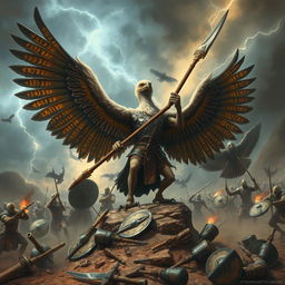 A fierce battle scene featuring a vulture warrior clad in intricately designed armor, brandishing a powerful spear