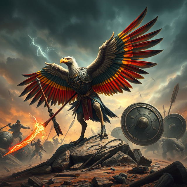 A fierce battle scene featuring a vulture warrior clad in intricately designed armor, brandishing a powerful spear