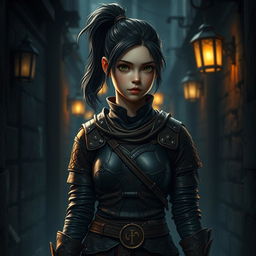 A teenage human girl with dark hair tied in a ponytail, depicted as a rogue wearing snug, intricate brown leather armor that showcases detailed craftsmanship and elegance while ensuring flexibility for stealth movements