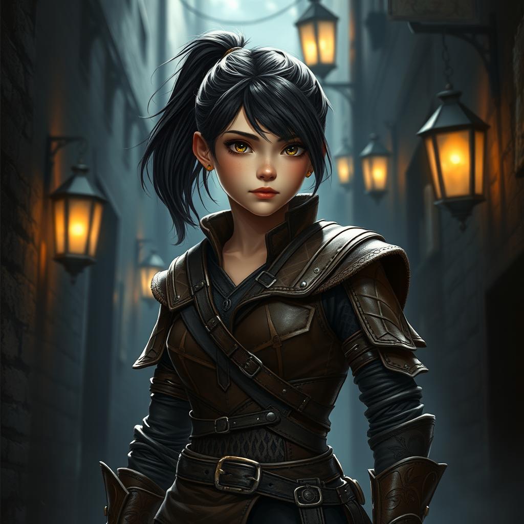 A teenage human girl with dark hair tied in a ponytail, depicted as a rogue wearing snug, intricate brown leather armor that showcases detailed craftsmanship and elegance while ensuring flexibility for stealth movements